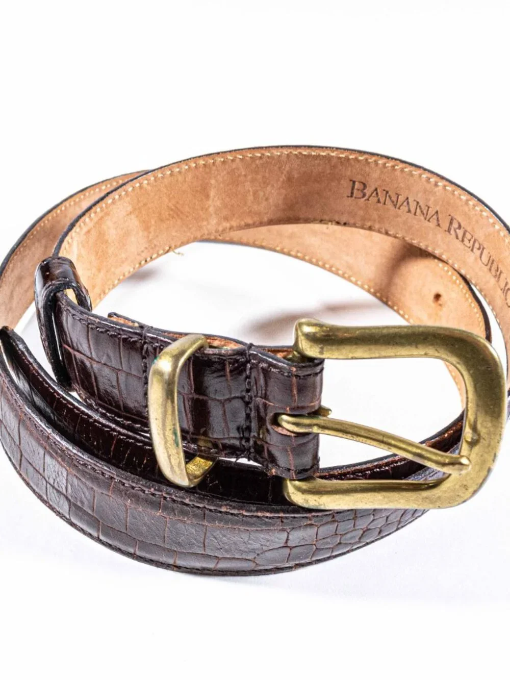 Banana Republic Crocodile Embossed Leather Belt Made in England Solid Brass 32